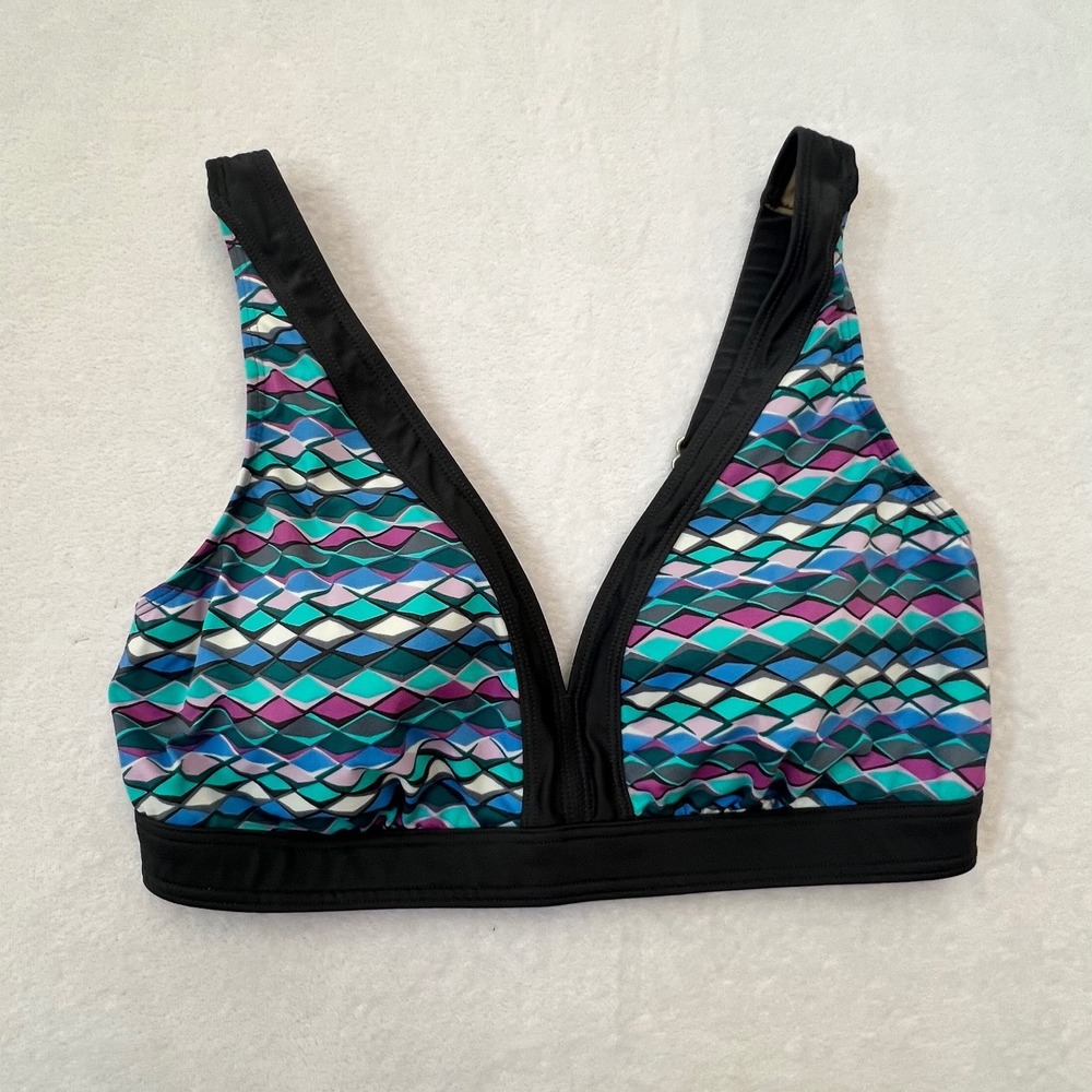 L.L.Bean Bikini Top Multicolor Geometric Scale V-Neck UPF 50+ Size 16 REG‎